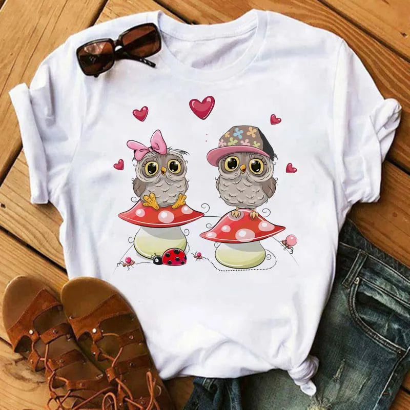 Maycaur Cartoon Owl Print T Shirt Women Kawaii Graphic Shirts Casual Short Sleeved Black Female Tee O-neck Harajuku T-shirts