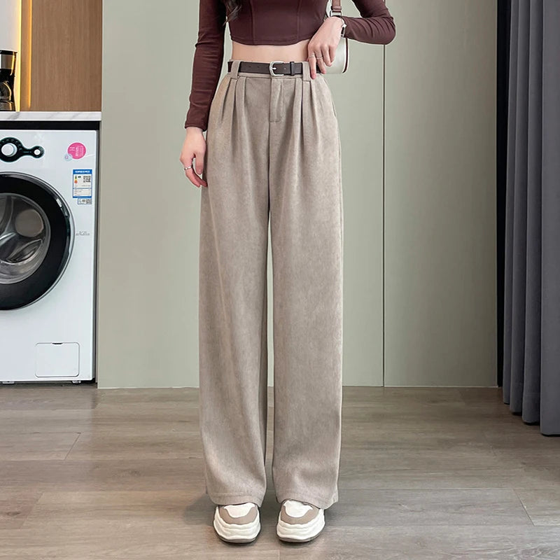 Vintage High Waist Corduroy Pants Women Autumn Winter Straight Causal Full Length Trousers Korean Fashion All Match Black Pants