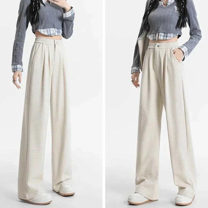 2024 New Spring Autumn Women Pink Oatmeal Beige Gray Long Pants Lady Korean Version Concise Baggy Wide Leg Straight Leg Trousers