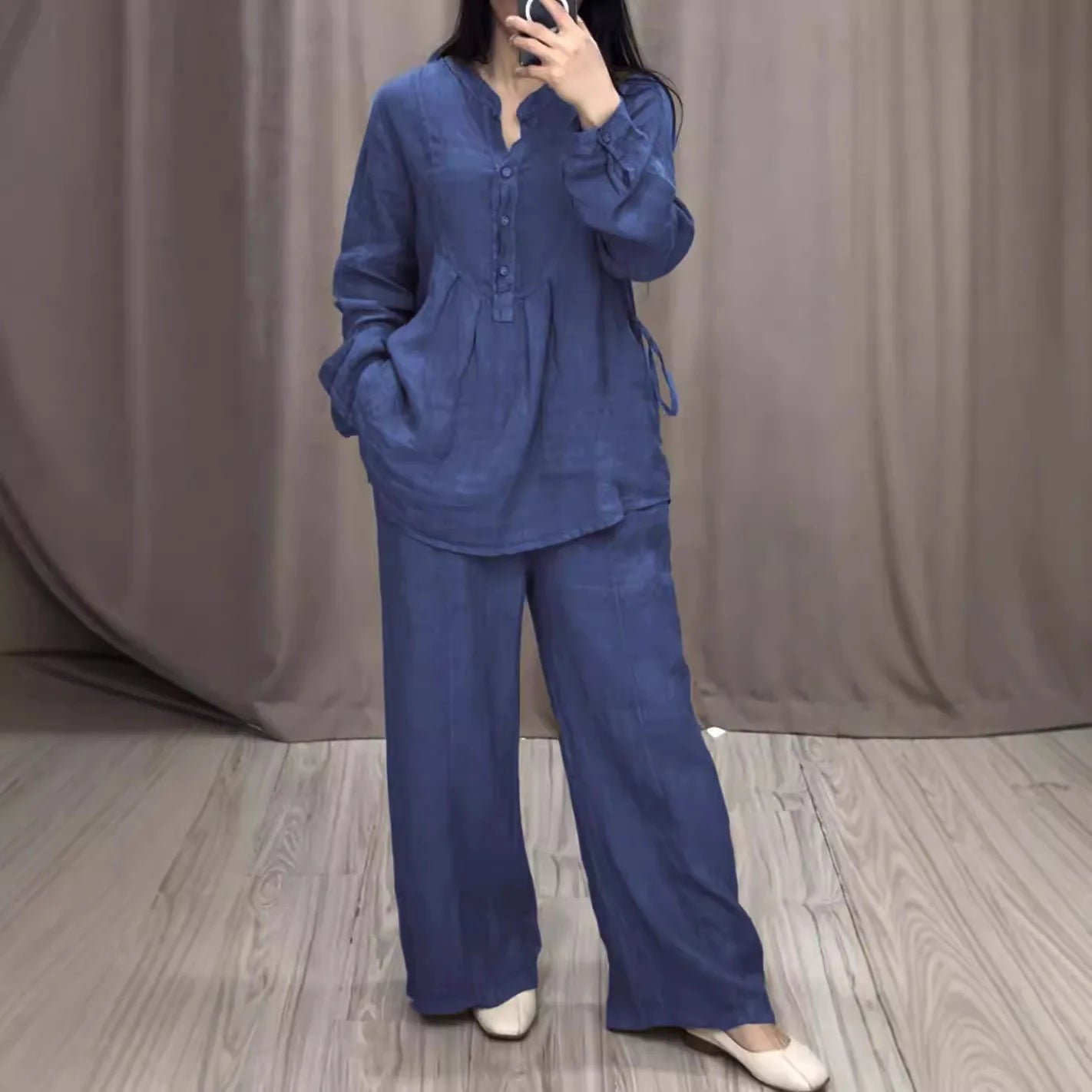 Fashion Women's Spring Autumn Two Piece Sets Casual Long Sleeve Pocket Shirts Loose Solid Color Wide-leg Pants Suit Women