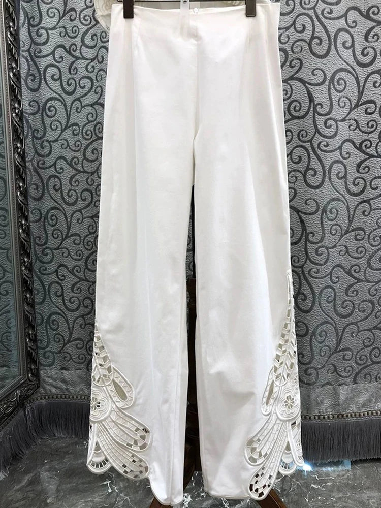 Spring/summer 2025 new embroidered hollow round neck sleeveless top+casual straight trousers fashion two-piece women's suit