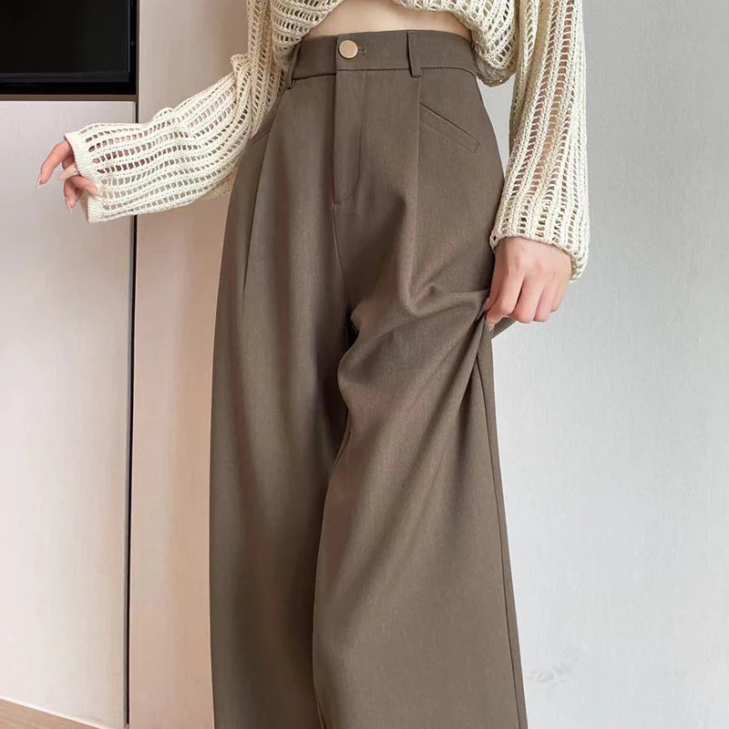Seoulish Autumn Elegant Women's Wide Leg Pants 2024 New Korean Solid Button Casual Loose Office Full Length Trousers Female