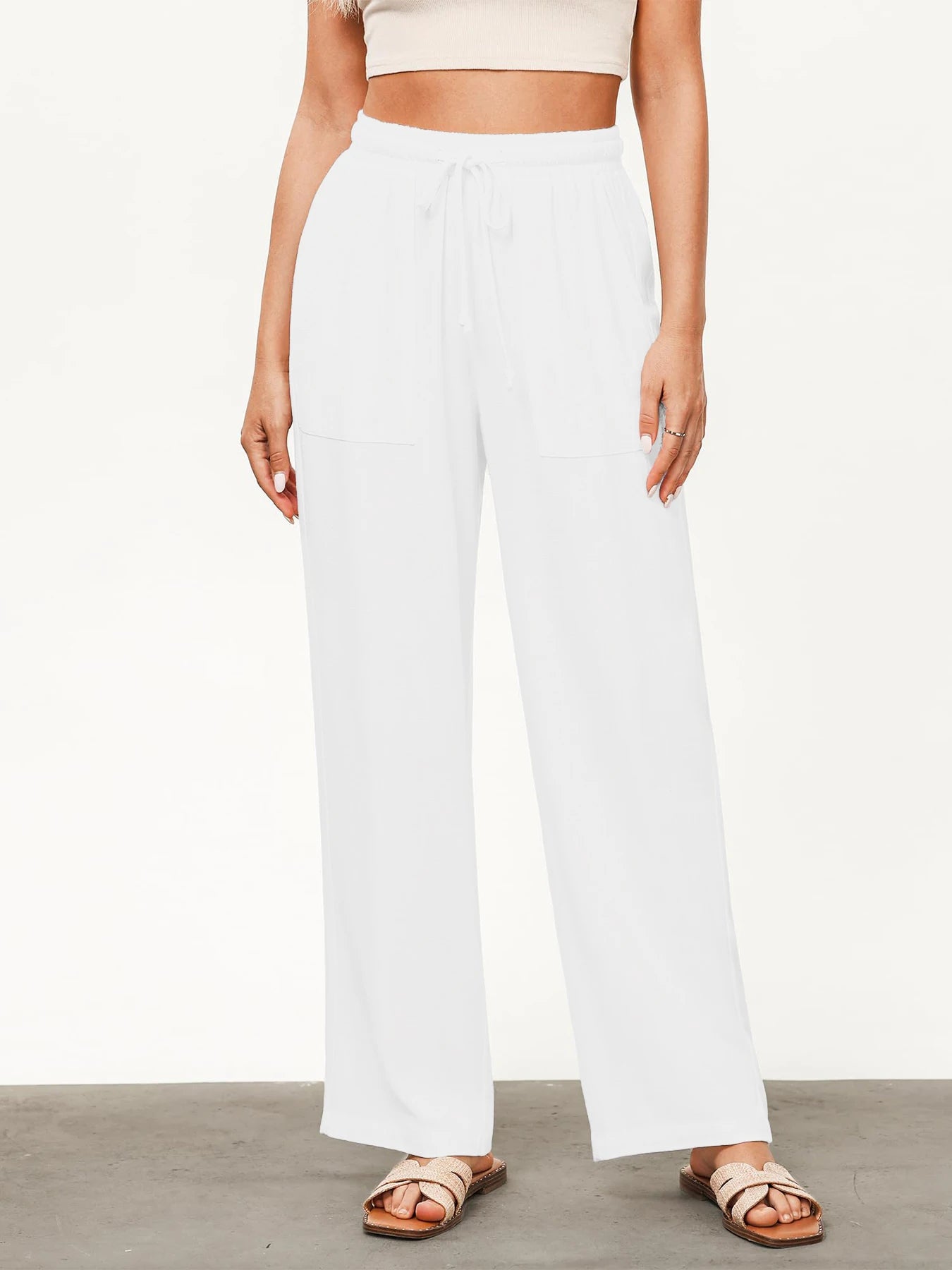 Women's Solid Color Loose Wide Leg Pants Casual Drawstring Straight Pants Pocket Casual Pants Trousers Loose High Waisted Pants