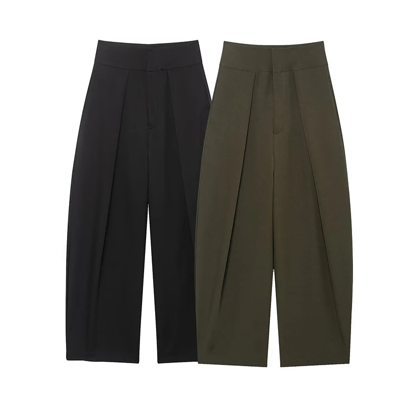 Willshela Women Fashion Solid Front Zipper Pleated Wide Leg Pants Vintage High Waist Full Length Female Chic Lady Trousers