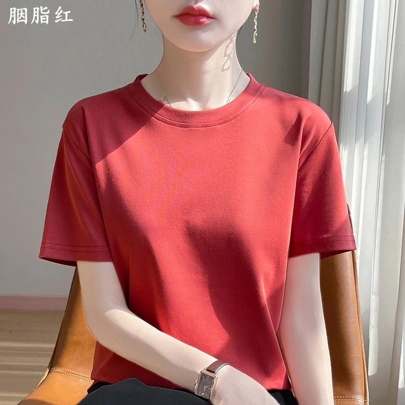 2026 Summer New Cotton Short Sleeve T-shirt Women's Round Neck Half Sleeve Mercerized Cotton Cool T-shirt