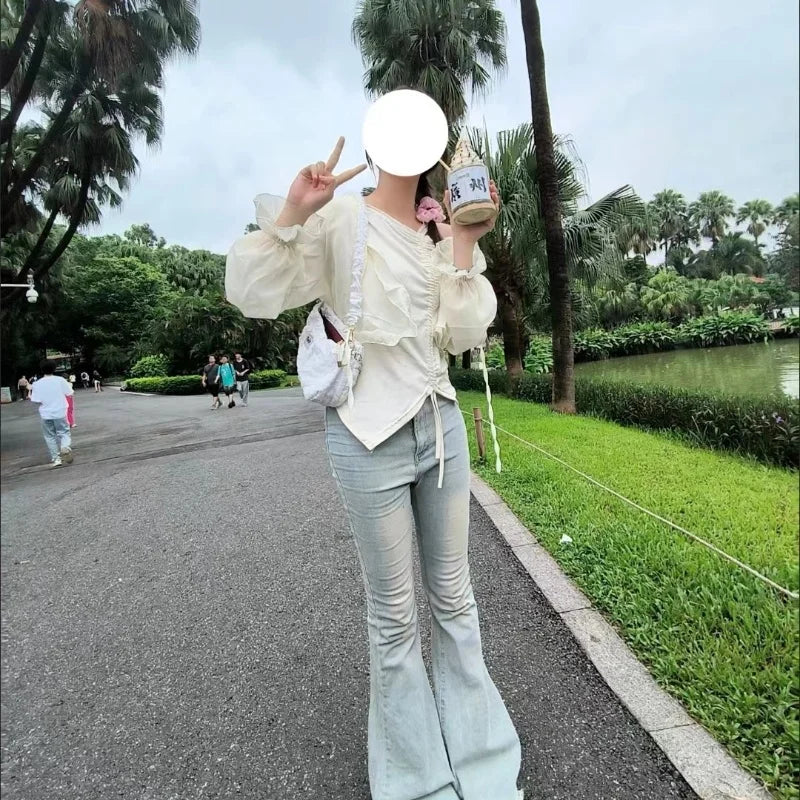 Spring Autumn Cotton Flare Sleeve T Shirts Women Solid Bodycone Basic Long Sleeve Crop Tops Casual Shirring Off-shoulder Tees