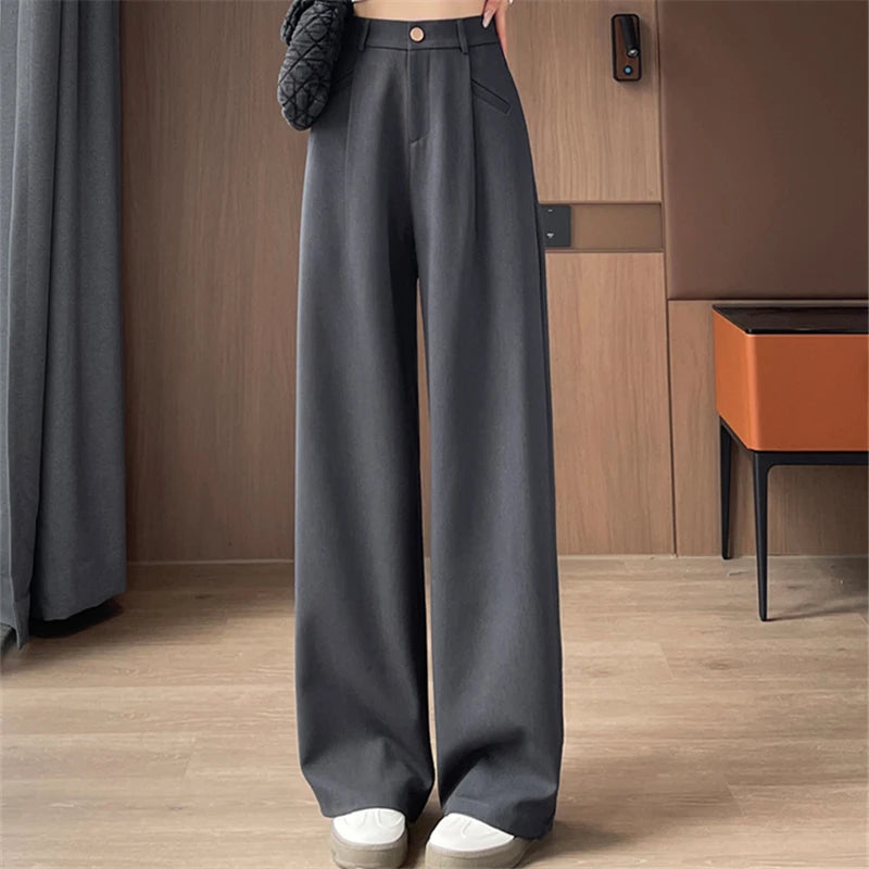 Seoulish Autumn Elegant Women's Wide Leg Pants 2024 New Korean Solid Button Casual Loose Office Full Length Trousers Female