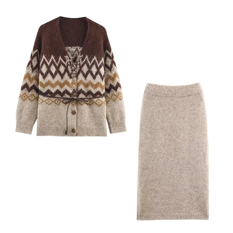 Women Knitted Midi Skirts Two Piece Sets 2025 New Fashion Jacquard Belt Knit Cardigan Women's Suits Autumn Winter Woman Outfits