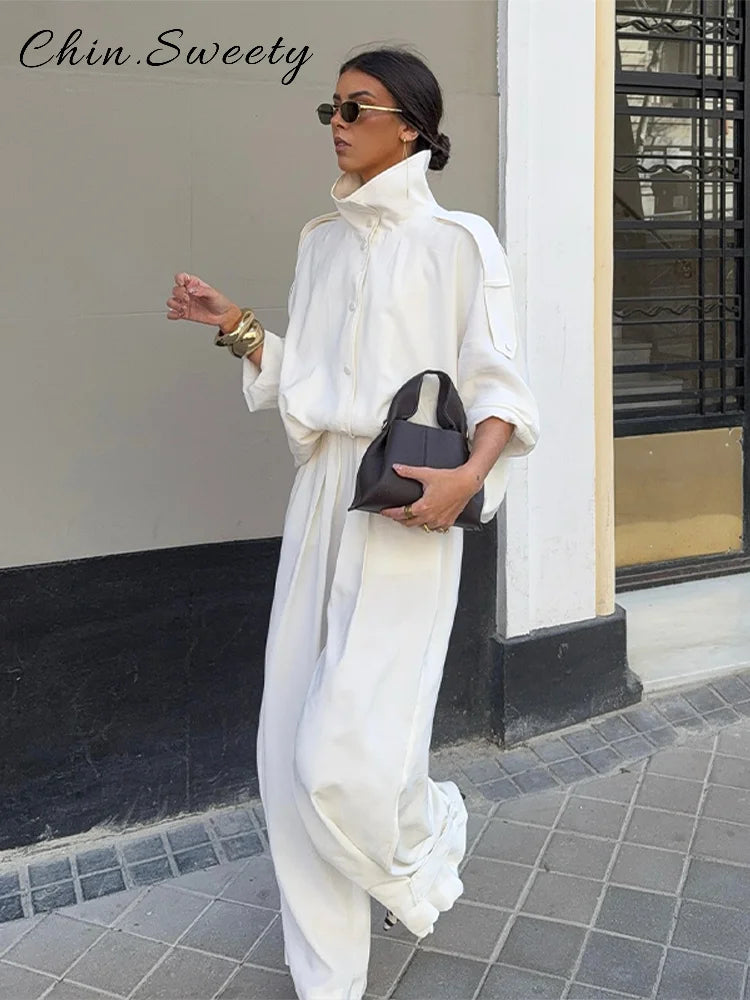 Casual Women's White Jacket Pants Set Loose Stand Collar Full Sleeve Single Breasted Jackets Wide Leg Pant 2026 Spring Suit