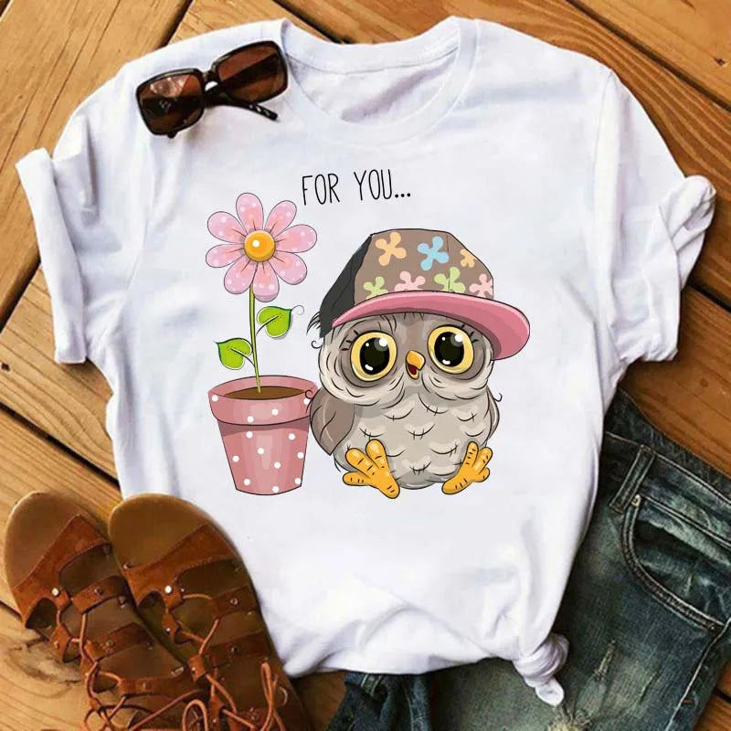 Maycaur Cartoon Owl Print T Shirt Women Kawaii Graphic Shirts Casual Short Sleeved Black Female Tee O-neck Harajuku T-shirts