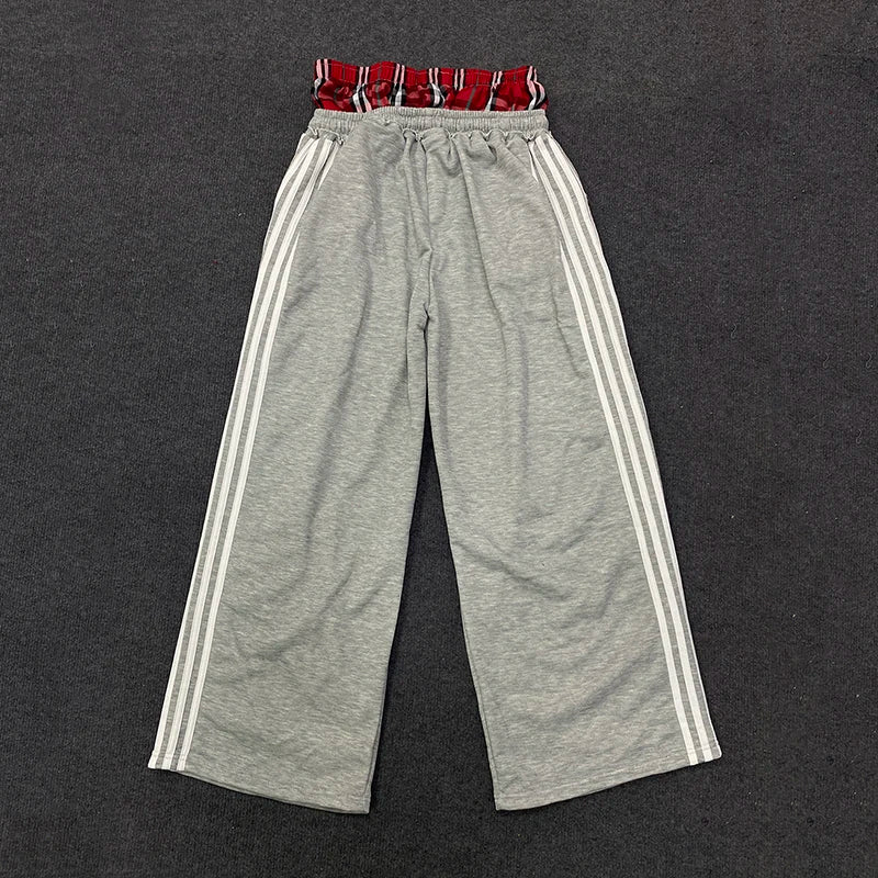 Women's Spring Checkered Double-Waisted Casual Pants Loose Street Fashion Sweatpants with Letter Embroidery