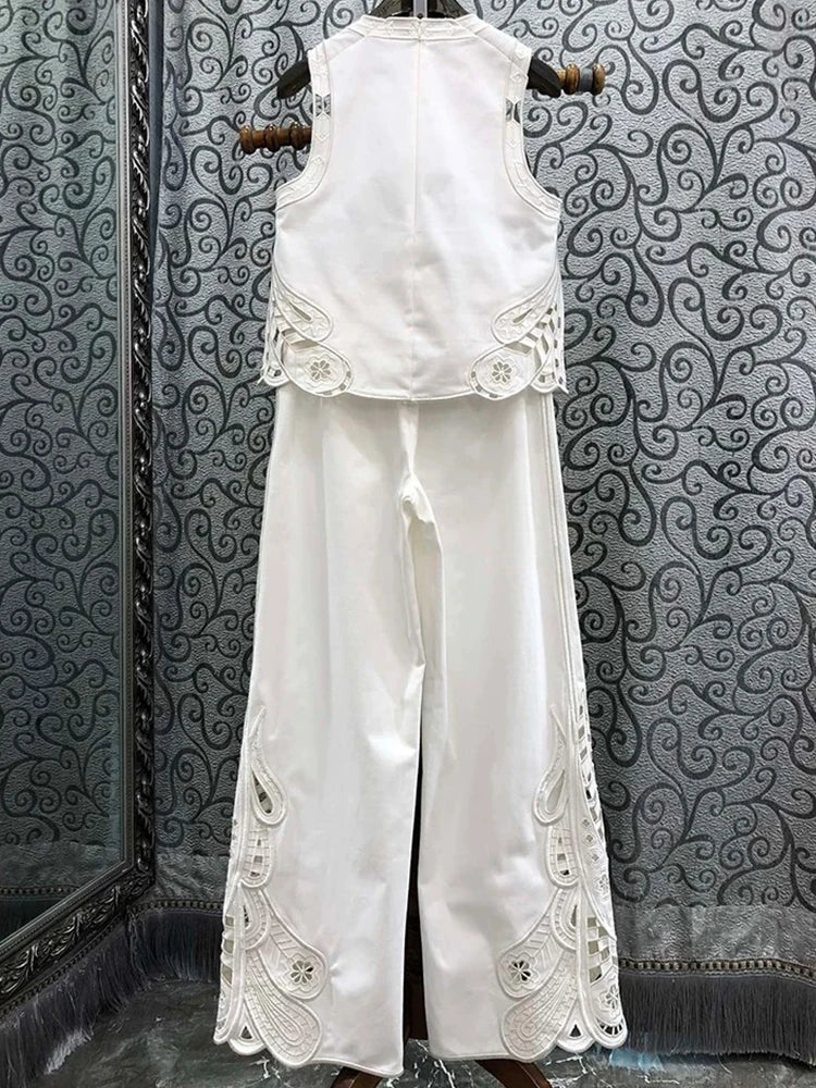 Spring/summer 2025 new embroidered hollow round neck sleeveless top+casual straight trousers fashion two-piece women's suit