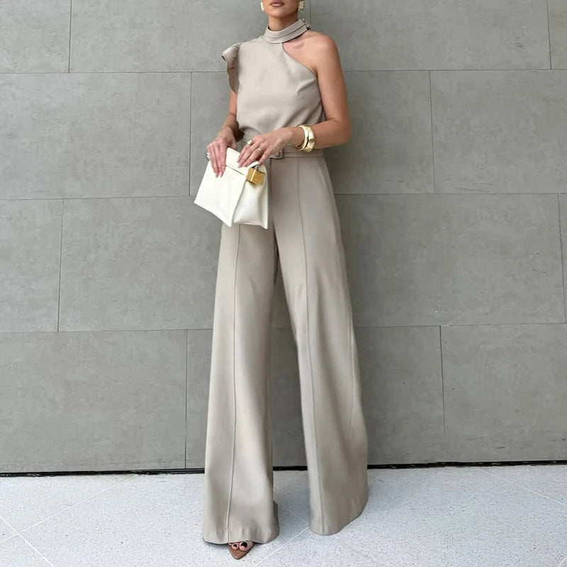 Women Summer Streetwear Sexy Asymmetric Sleeveless Tops&Straight Pants Sets Fashion Irregular Solid Color Commute Two Piece Sets