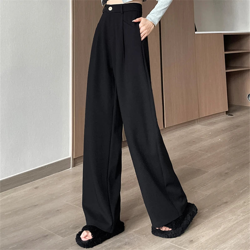 Seoulish Autumn Elegant Women's Wide Leg Pants 2024 New Korean Solid Button Casual Loose Office Full Length Trousers Female