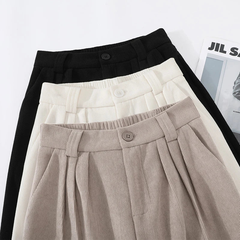 Vintage High Waist Corduroy Pants Women Autumn Winter Straight Causal Full Length Trousers Korean Fashion All Match Black Pants