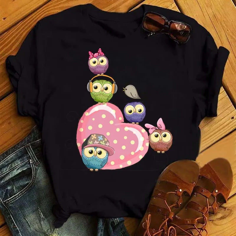 Maycaur Cartoon Owl Print T Shirt Women Kawaii Graphic Shirts Casual Short Sleeved Black Female Tee O-neck Harajuku T-shirts