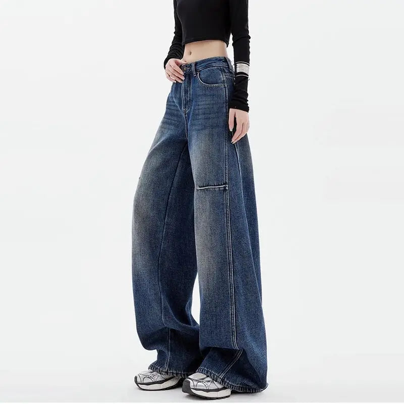 Female Student Casual Blue Jeans Wide-Leg Pants Loose Drape Straight-Leg Trousers Spring Autumn Floor Pants Fashion Streetwear
