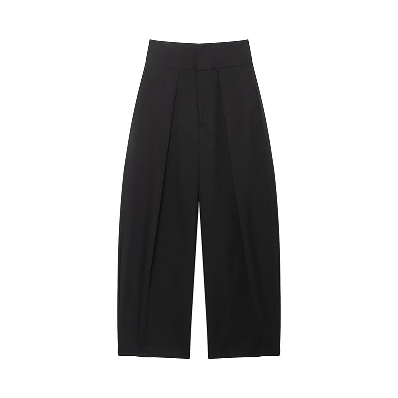 Willshela Women Fashion Solid Front Zipper Pleated Wide Leg Pants Vintage High Waist Full Length Female Chic Lady Trousers