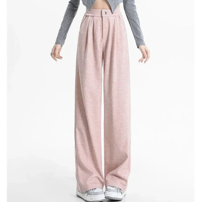 2024 New Spring Autumn Women Pink Oatmeal Beige Gray Long Pants Lady Korean Version Concise Baggy Wide Leg Straight Leg Trousers