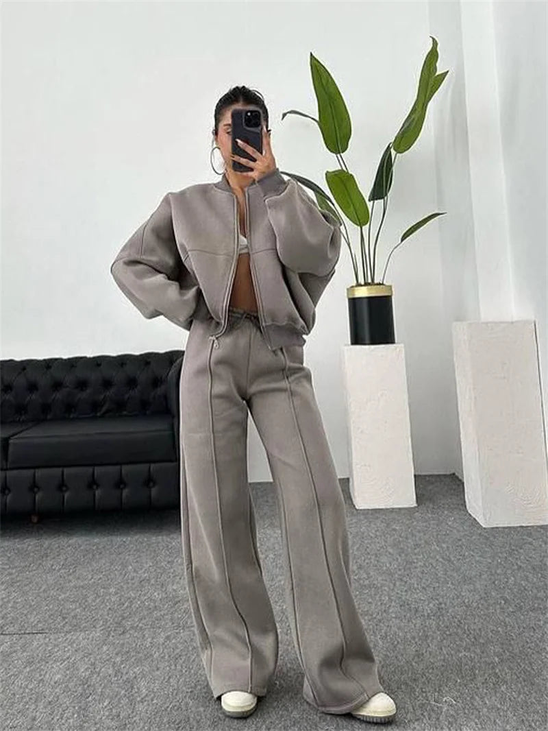2026 Sweatshirt Two-piece Suit Women's Casual Sets Loose Zipper-up Short Jacket Tops Straight Trousers Sports 2-piece Sets Lady