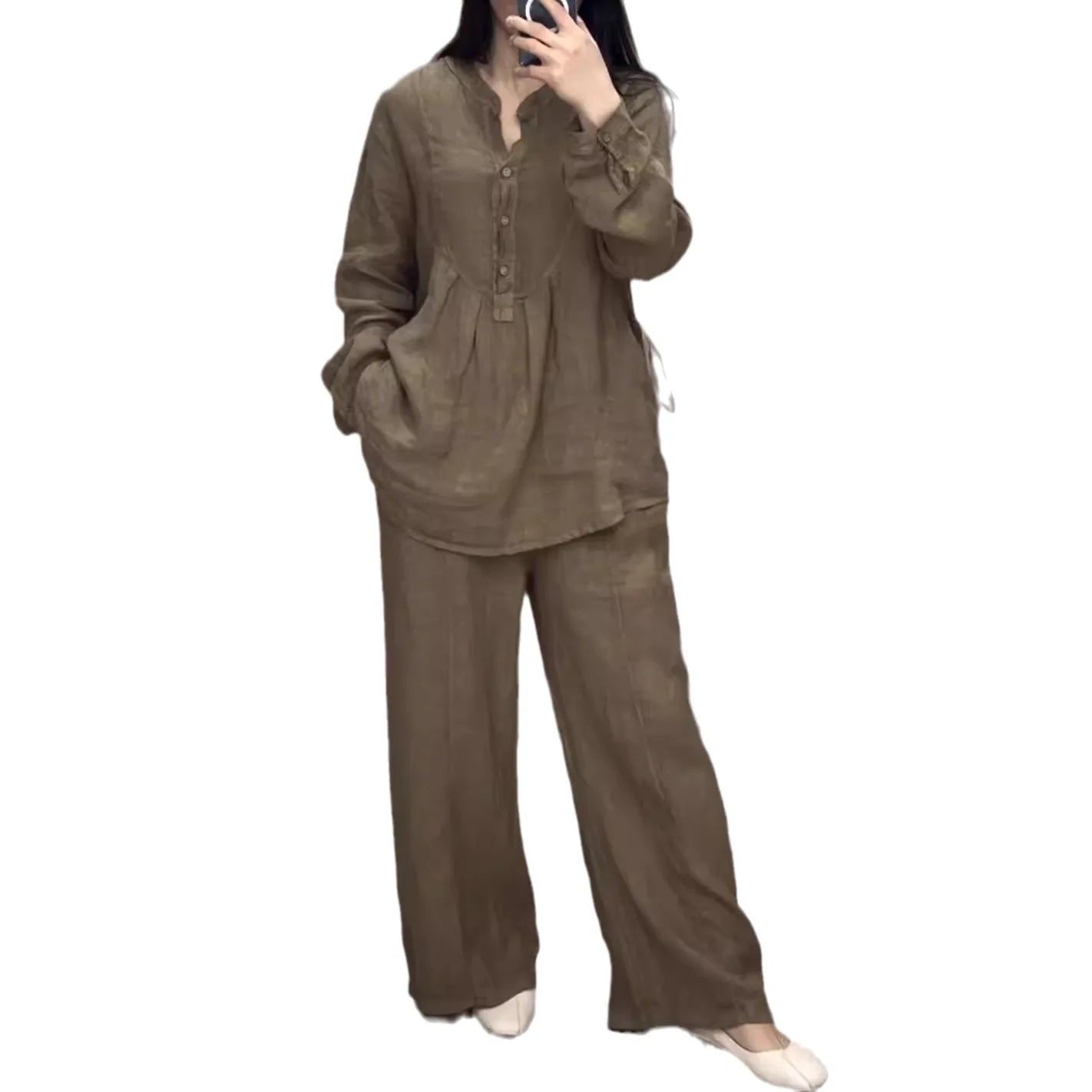 Fashion Women's Spring Autumn Two Piece Sets Casual Long Sleeve Pocket Shirts Loose Solid Color Wide-leg Pants Suit Women