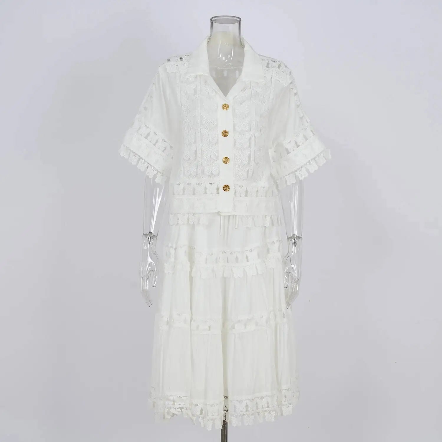 Luxury Hollow Out Dress Two Piece Set Women's 2025 Summer Holiday Embroidered Lace Jackets White Tops Pleated Short Skirts Suits