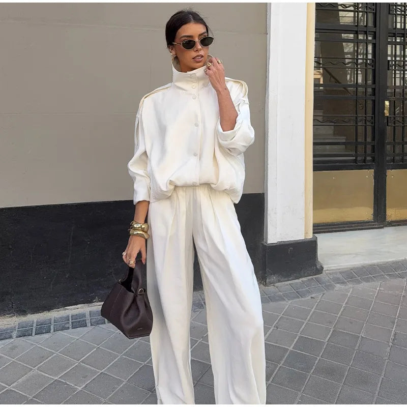 Casual Women's White Jacket Pants Set Loose Stand Collar Full Sleeve Single Breasted Jackets Wide Leg Pant 2026 Spring Suit