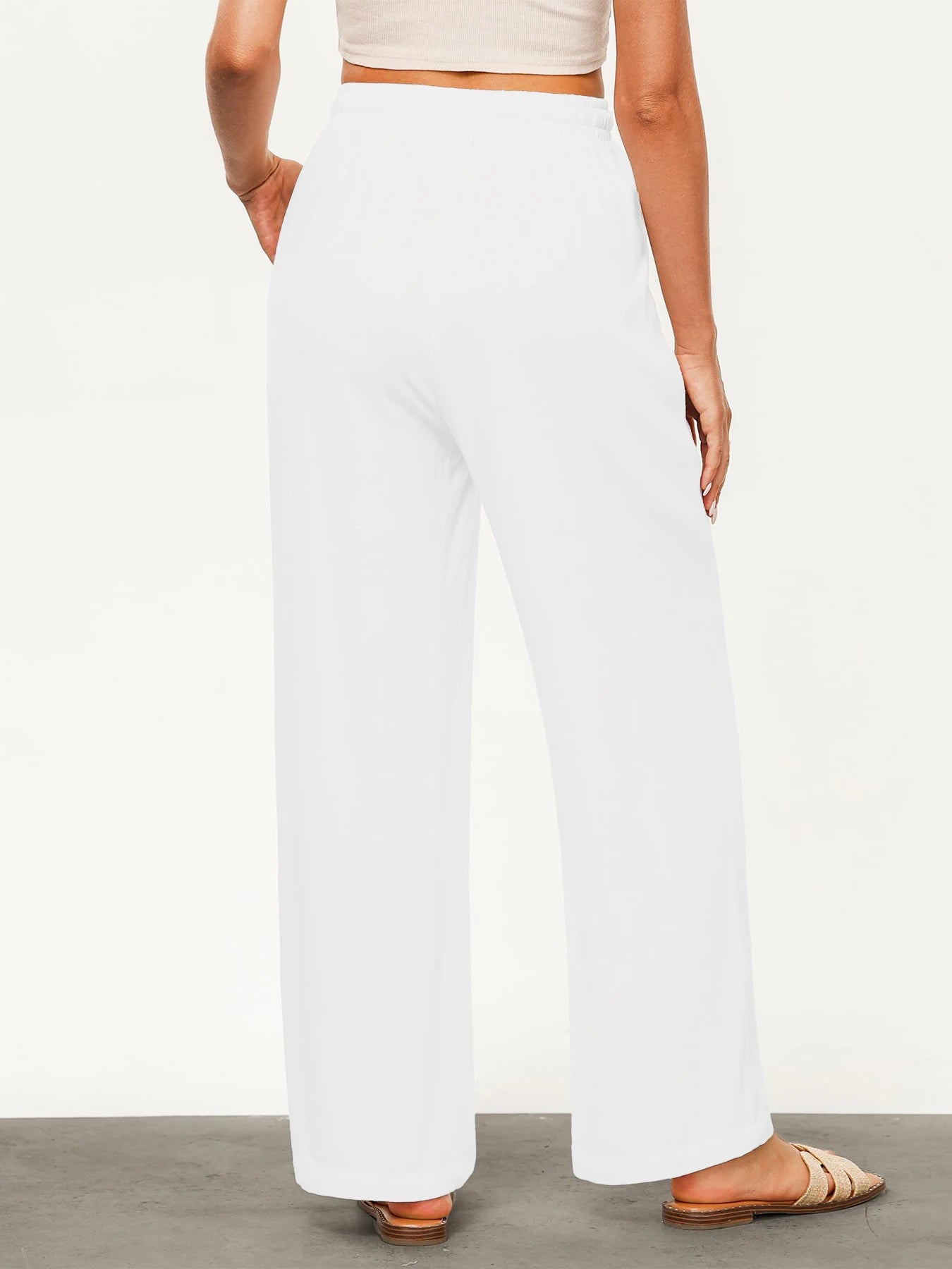 Women's Solid Color Loose Wide Leg Pants Casual Drawstring Straight Pants Pocket Casual Pants Trousers Loose High Waisted Pants