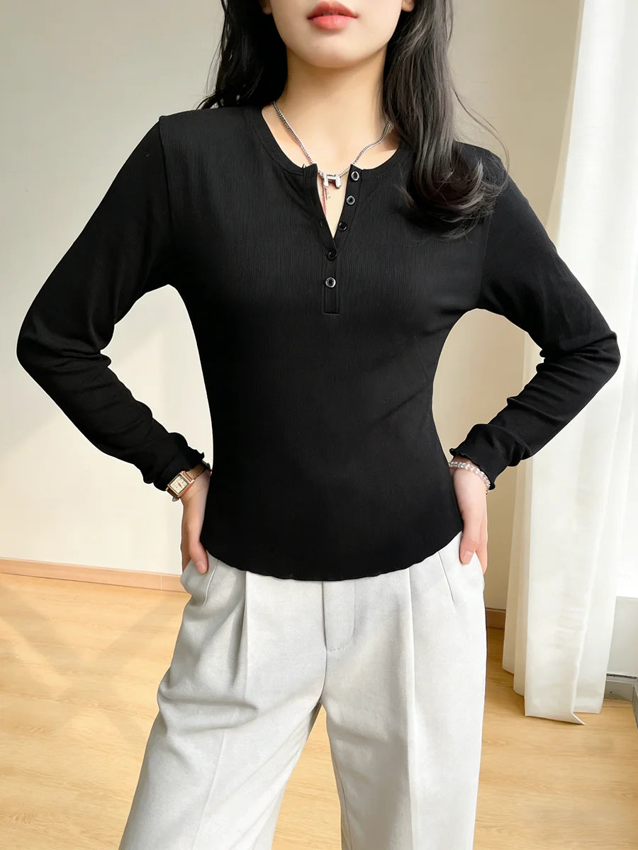 Women's T-Shirt Round Neck Long Sleeve Henley Button Ribbed Slim Tops Casual Tee Spring Summer Casual T-Shirt Daily Stretchy Top