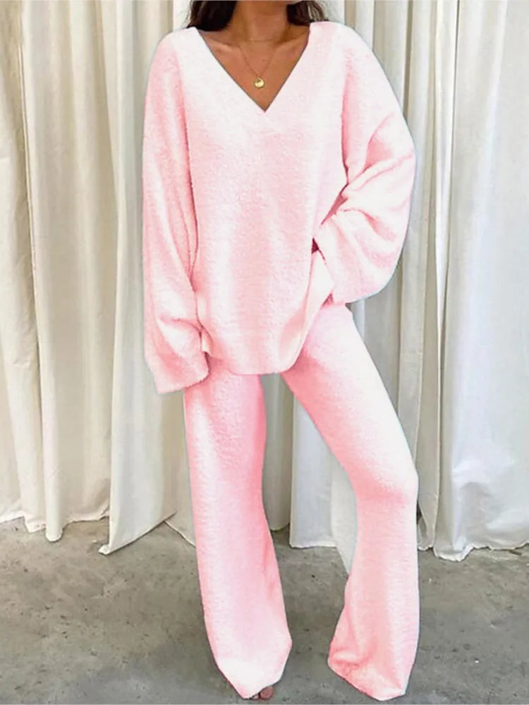 Autumn Winter Women's Comfortable Tracksuits Casual V-Neck Long Sleeve Pullover And Pants Warm Two Piece Set Women Fashion Sets