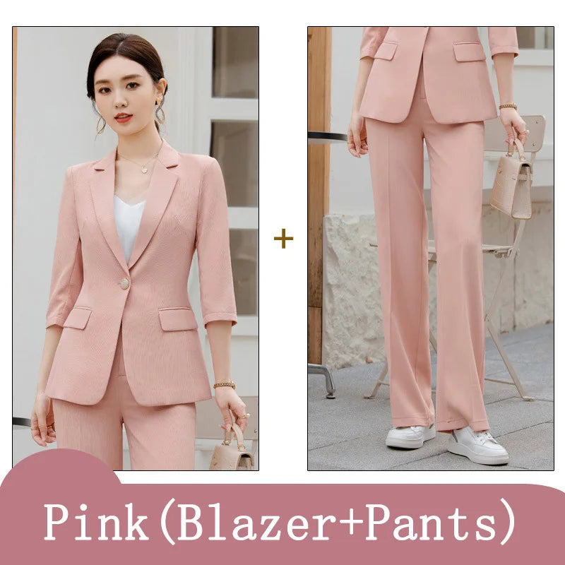 Office Pant Suits for Women Three Quarter Streetwear Casual Two Piece Set 2024 New Spring Summer Single Button Solid Pant Suits