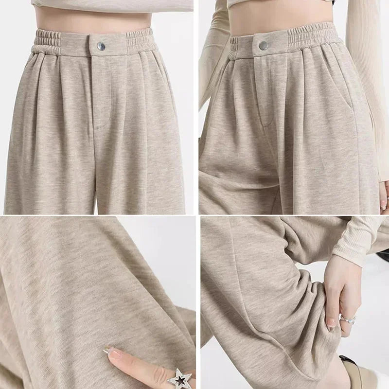 2024 New Spring Autumn Women Pink Oatmeal Beige Gray Long Pants Lady Korean Version Concise Baggy Wide Leg Straight Leg Trousers