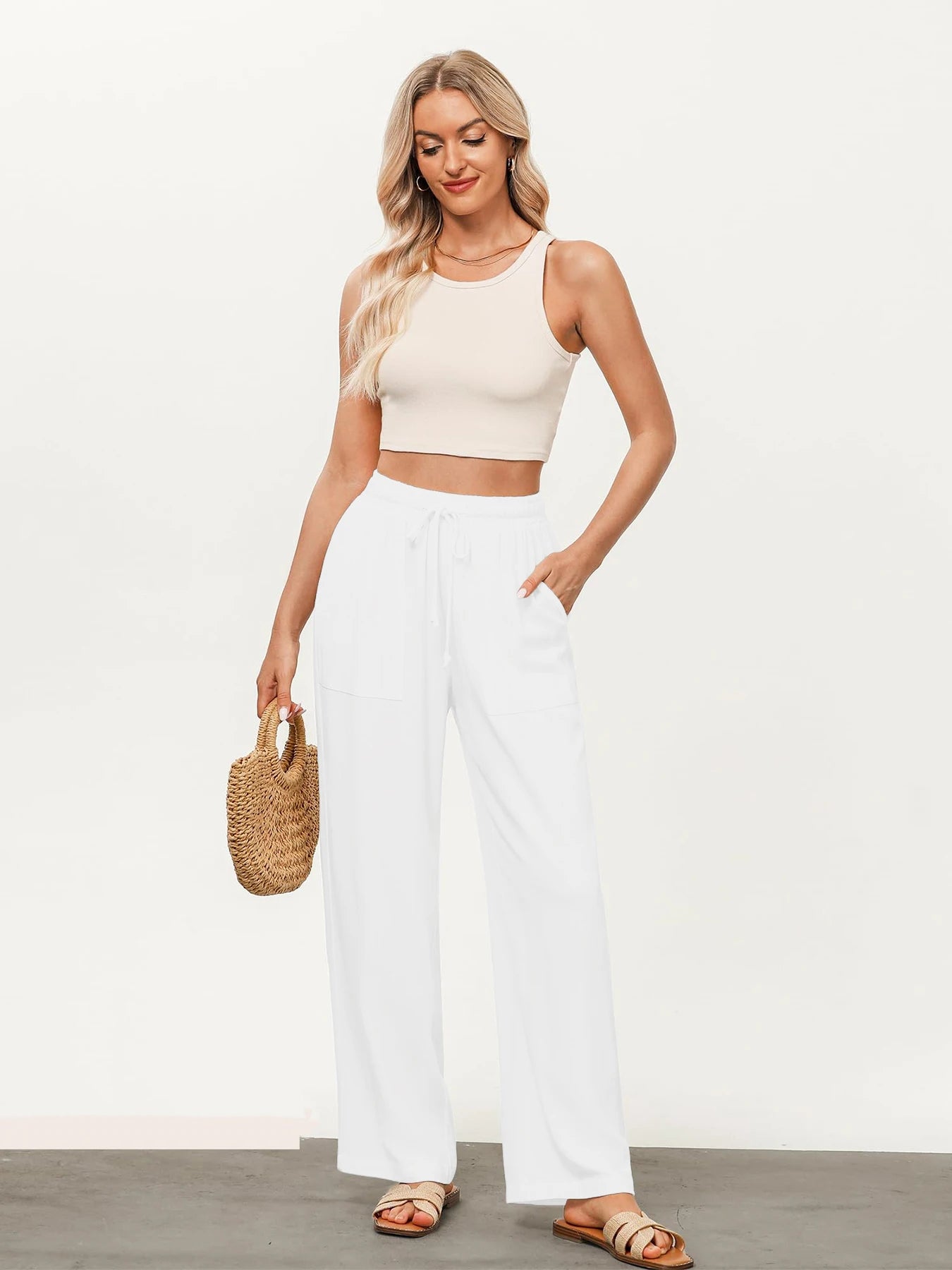 Women's Solid Color Loose Wide Leg Pants Casual Drawstring Straight Pants Pocket Casual Pants Trousers Loose High Waisted Pants