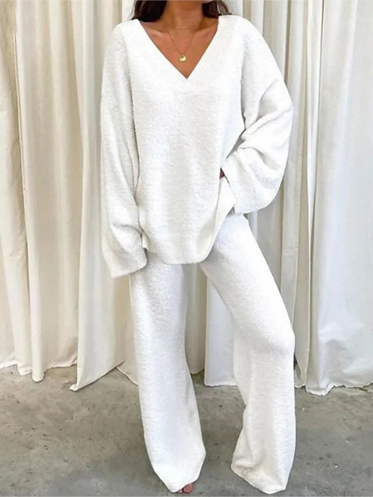 Autumn Winter Women's Comfortable Tracksuits Casual V-Neck Long Sleeve Pullover And Pants Warm Two Piece Set Women Fashion Sets