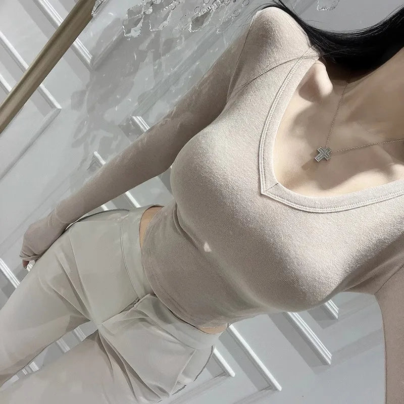 Korean 2026 Spring Summer Style T-shirt Elegant Slim-fit V-neck See-through Short Sleeve T-shirt Sexy Women Crop Top