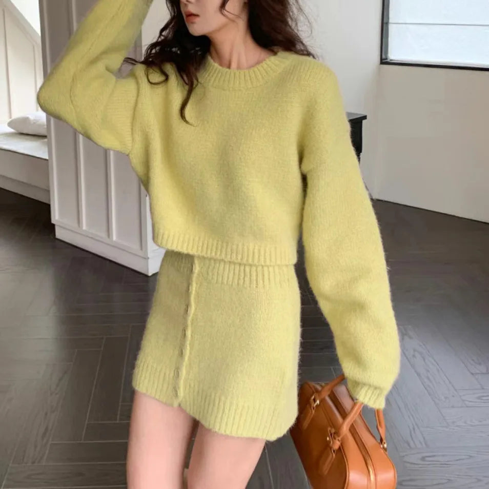 2026 New Autumn Winter Two Piece Sets Fashion Women Solid Warm Long Sleeve Sweaters Shorts Skirt Suit Casual Loose Streetwear