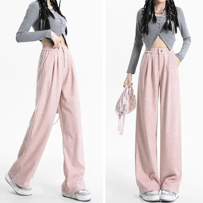 2024 New Spring Autumn Women Pink Oatmeal Beige Gray Long Pants Lady Korean Version Concise Baggy Wide Leg Straight Leg Trousers