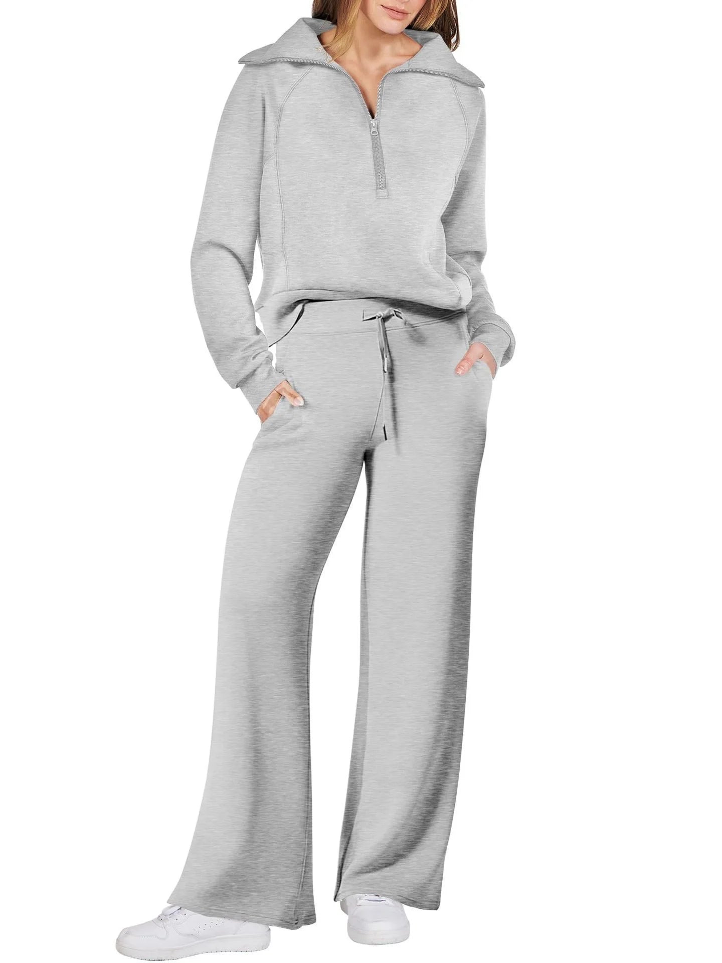 Solid Two-piece set Women Fashion Long Sleeve Zipper Sweater Pullover Tie up Pocket Wide Leg Pant Suit Loose Casual Sport Sets