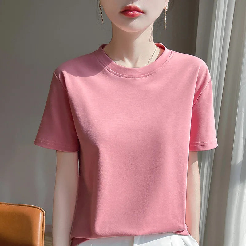 2026 Summer New Cotton Short Sleeve T-shirt Women's Round Neck Half Sleeve Mercerized Cotton Cool T-shirt
