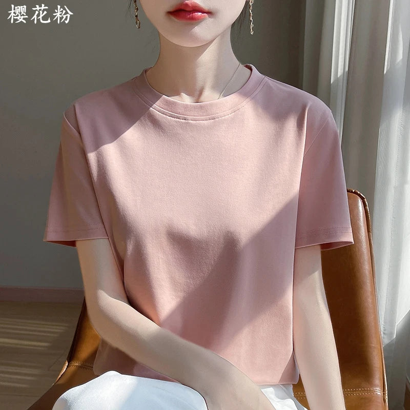 2026 Summer New Cotton Short Sleeve T-shirt Women's Round Neck Half Sleeve Mercerized Cotton Cool T-shirt