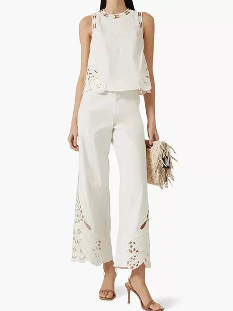 Spring/summer 2025 new embroidered hollow round neck sleeveless top+casual straight trousers fashion two-piece women's suit