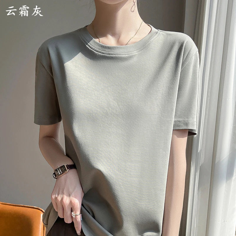 2026 Summer New Cotton Short Sleeve T-shirt Women's Round Neck Half Sleeve Mercerized Cotton Cool T-shirt