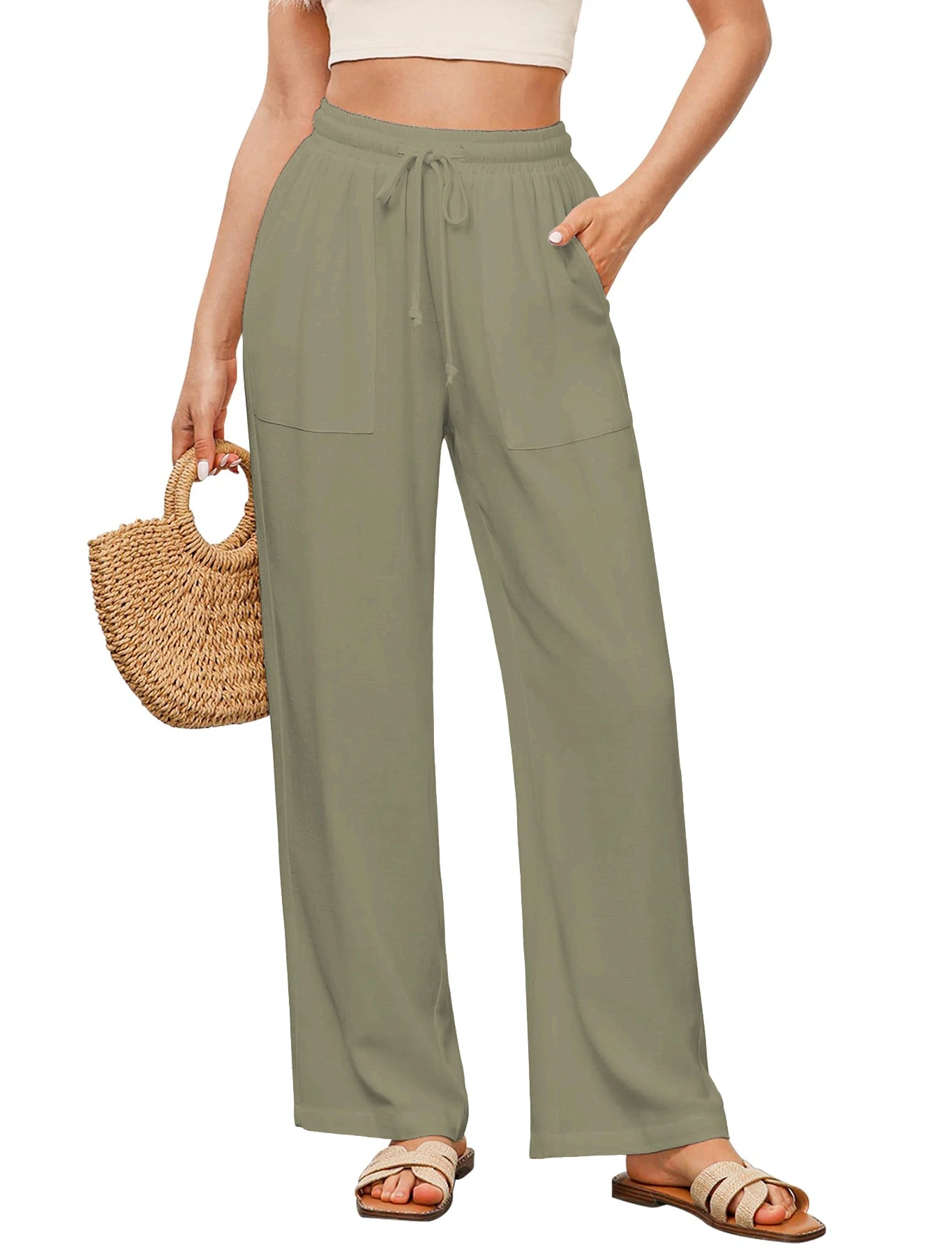Women's Solid Color Loose Wide Leg Pants Casual Drawstring Straight Pants Pocket Casual Pants Trousers Loose High Waisted Pants