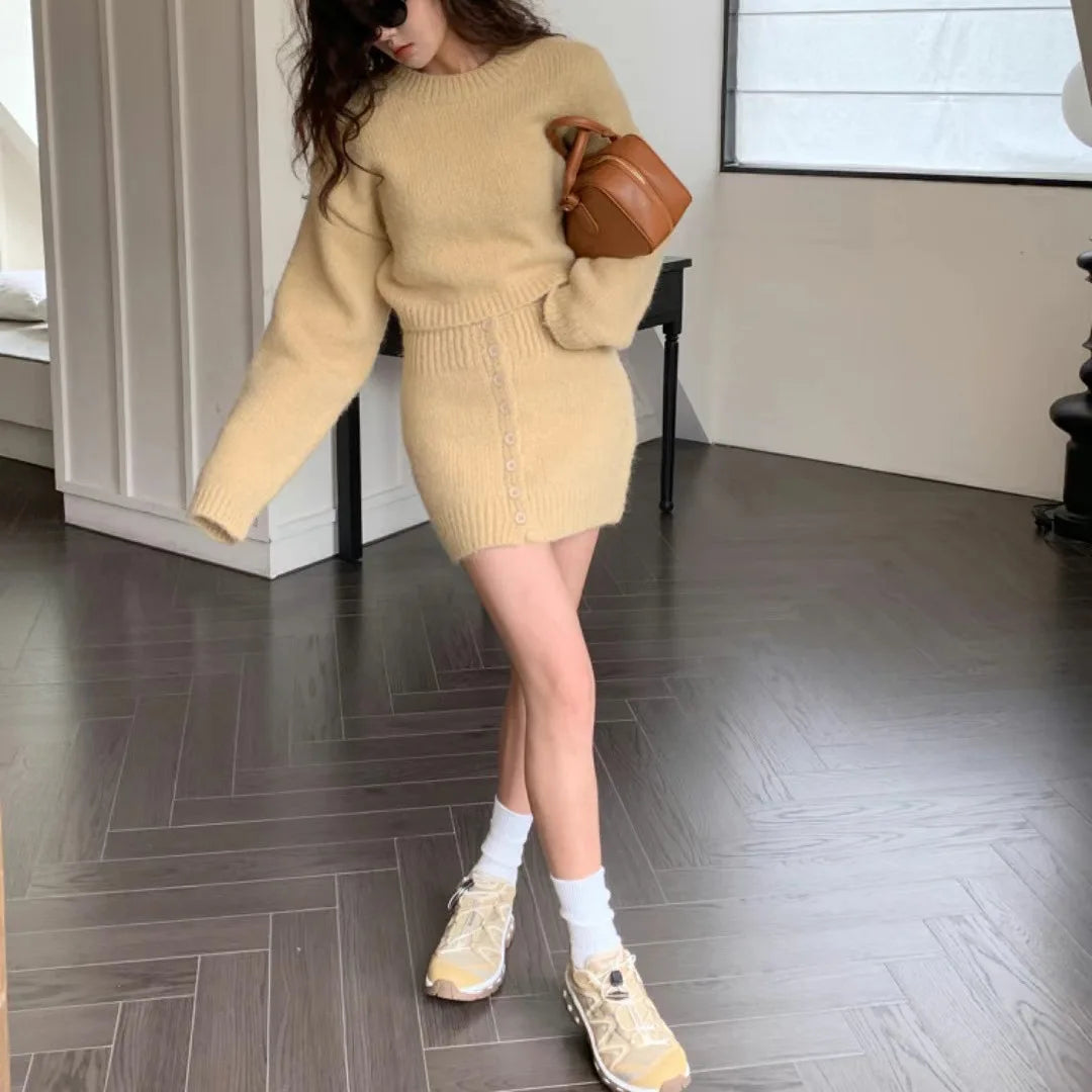 2026 New Autumn Winter Two Piece Sets Fashion Women Solid Warm Long Sleeve Sweaters Shorts Skirt Suit Casual Loose Streetwear