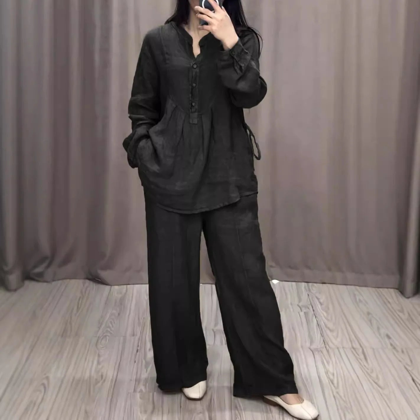 Fashion Women's Spring Autumn Two Piece Sets Casual Long Sleeve Pocket Shirts Loose Solid Color Wide-leg Pants Suit Women