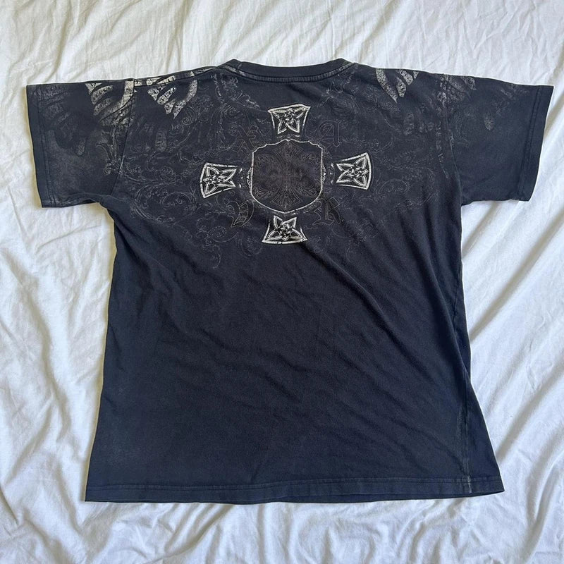 2000s Aesthetic Mall Goth E-girl Gothic T-shirt Retro Y2K Grunge Skull Wing Crop Tops Indie Graphic Print Short Sleeve Tee Women