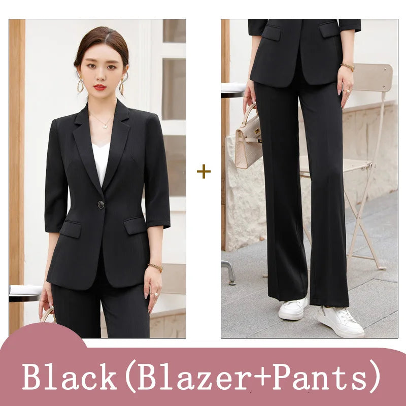 Office Pant Suits for Women Three Quarter Streetwear Casual Two Piece Set 2024 New Spring Summer Single Button Solid Pant Suits