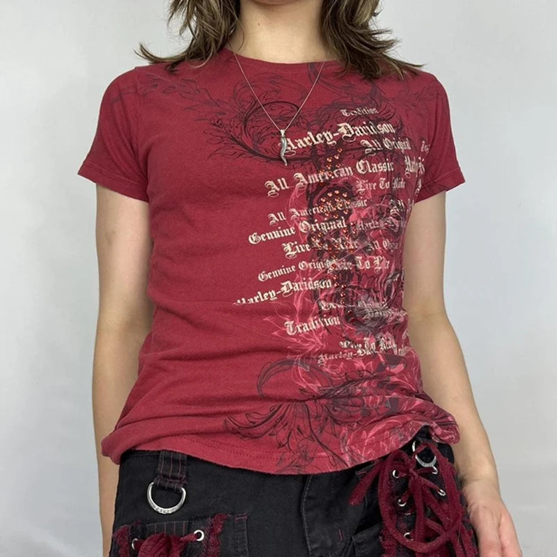 2000s Aesthetic Mall Goth E-girl Gothic T-shirt Retro Y2K Grunge Skull Wing Crop Tops Indie Graphic Print Short Sleeve Tee Women