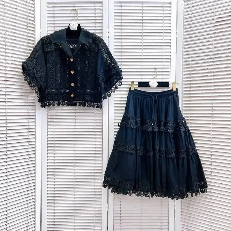 Luxury Hollow Out Dress Two Piece Set Women's 2025 Summer Holiday Embroidered Lace Jackets White Tops Pleated Short Skirts Suits