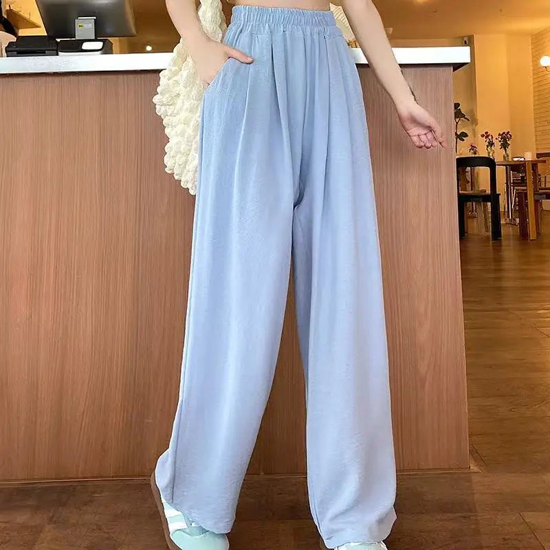 Casual Summer Ice Silk Wide Leg Pants Women's Floor-Length Draping Slimming Long Trousers Design Sense Polyester Satin